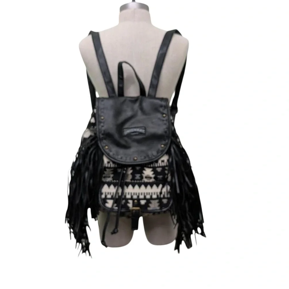 Union Bay black leather backpack with fringe and Aztec print‎
